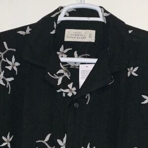 Abercrombie Fitch Summer Linen Blend Black Embroidered Floral Camp Shirt M NWT